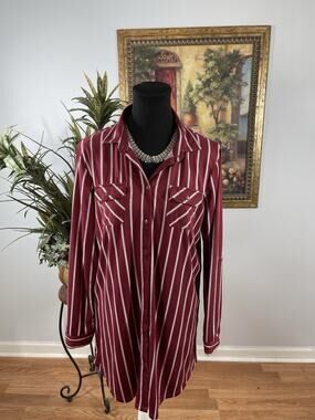 Urban Girl Womens Large Burgundy Stripe Button Front Tunic Shirt Roll Tab Top